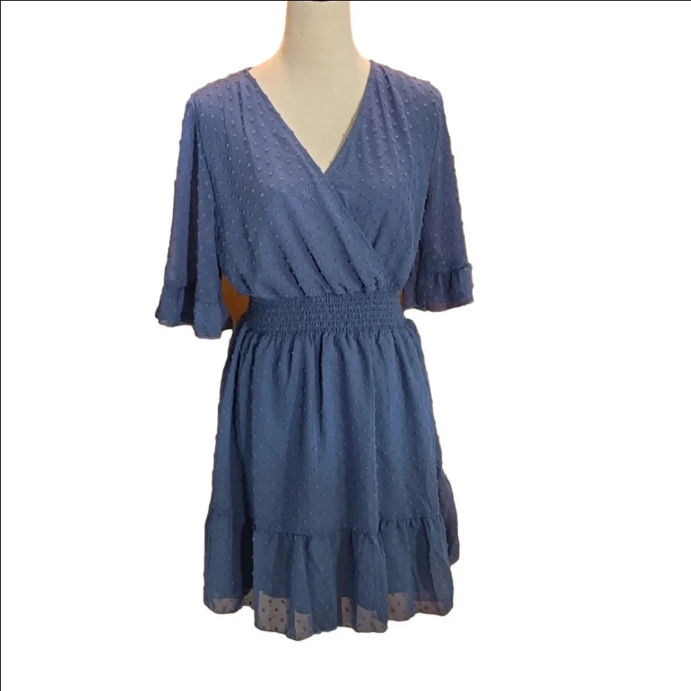 Sampeel Women's M Wrap V Neck Textured Blue Dress Ruffled Hem Flutter Sleeves